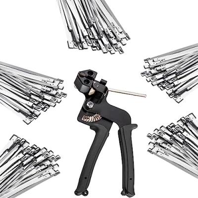 Image of 500pcs Metal Tie Wrap Gun Kit, Stainless Steel Cable Adjustable Tensioning Cutter Tool with 304 Self Locking Ties of Sizes 4.6x300mm