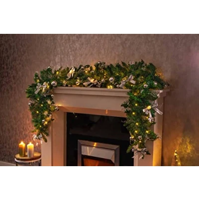 Image of Marco Paul Premium 6ft Artificial Pine Garlands Christmas Decor, Battery Powered garland with lights and Silver bows, Baubles for stairs Fireplaces