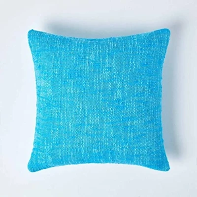 Image of HOMESCAPES Teal Blue 18 x Inch Nirvana Pure Slub Cotton Cushion Cover Coordinating with Matching Throws and Bedspreads