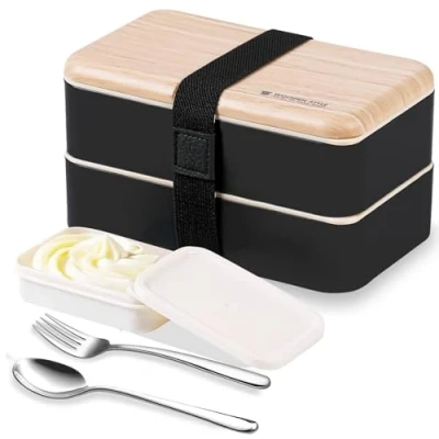 Image of Original Bento Box Lunch Boxes Container Bundle Divider with Compartments Stainless Steel Utensils Spoon and Fork Japanese Style