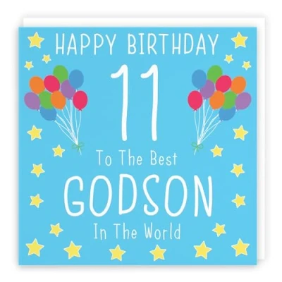 Image of Hunts England Godson 11th Birthday Card Happy 11 To The Best In World Iconic Collection Fun Colourful