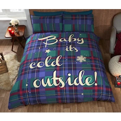 Image of Baby It&#039;s Cold Outside Tartan Checked Quilt Duvet Cover and Pillowcase Bedding Bed Set, Blue, Single