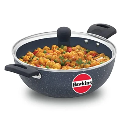 Image of Hawkins Ceramic Nonstick 3.5 Litre Deep Kadhai, Induction Fry Pan with Glass Lid, Granite Kadai (ICK35G)