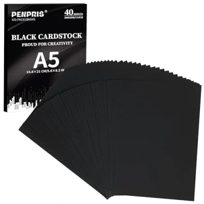 Image of 300gsm Black Cardstock 40 Sheets A5 Size Cardboard Paper Cover Card Stock 110lb Heavyweight Thick for DIY Making,Invitations,Postcards,Business Cards PAC01BK040