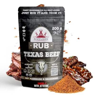 Image of Poppamies Texas Beef BBQ Rub 100% Natural Seasoning Dry Marinade &amp; Perfect for Pork Great in The Grill Oven Boiler Perfectly Balanced Blend Of Spices Large Pack (200g)