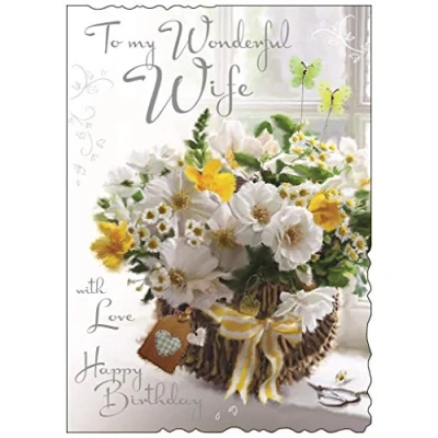 Image of Large Wife Birthday Card (JJ V120) Basket of Flowers Velvet Range Embossed, Foil and Flitter Finish