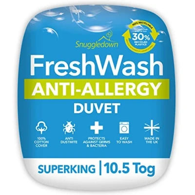 Image of Snuggledown Freshwash Anti Allergy Super King Duvet 10.5 Tog All Year Round Quilt for Summer &amp; Winter Bacterial, Soft Cotton Cover, Hypoallergenic, Machine Washable, Size (260cm x 220cm)