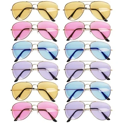 Image of The Twiddlers 12 Multicolour Aviator Sunglasses for Kids or Adults, Mirror Metal Frames Beach Summer Festival Party, Raves Hippy and Funky Costume Accessories