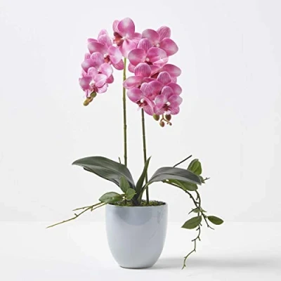Image of HOMESCAPES Artificial Pink Orchid In Pot 54 cm Tall Lifelike Faux Plant Grey Ceramic Real Touch Silk Flowers and Green Leaves Phalaenopsis Flower for Indoor Decoration