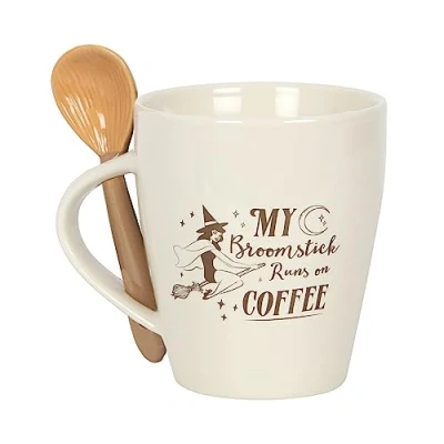 Image of Broomstick Runs on Coffee Mug and Spoon Witch Set for Halloween, Gothic Style, Witches Brew, Perfect Halloween Mugs Adults