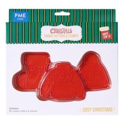 Image of PME CH24CCC099 Cookie Cutters &amp; Stamps, Cozy Christmas (Set of 3), Plastic, Red