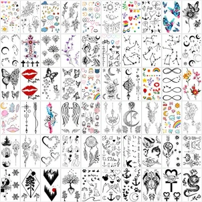 Image of Yazhiji 60 Sheets Tiny Waterproof Temporary Tattoos Moon Stars Constellations Music Compass Anchor Words Lines Flowers for Kids Adults Men and Women