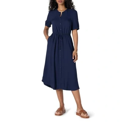Image of Amazon Essentials Women&#039;s Relaxed Fit Half Sleeve Waisted Midi A Line Dress, Navy, XS