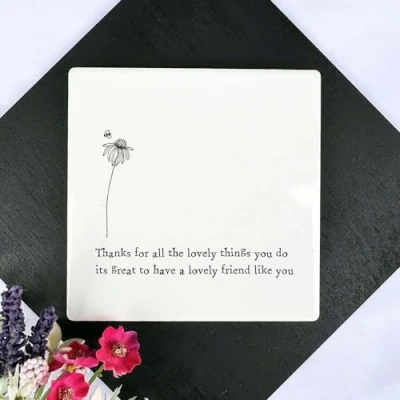 Image of Porcelain Square White Coaster &#039;Lovely Friend&#039;, Friendship Gift, Keepsake Wedding Kitchen Coaster, Gift For Friends