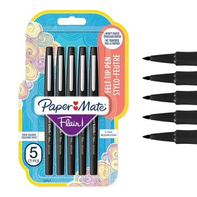 Image of Paper Mate Flair Felt Tip Pens Medium Point (0.7 mm) Writing Black For Writing, Drawing &amp; Sketching 5 Count