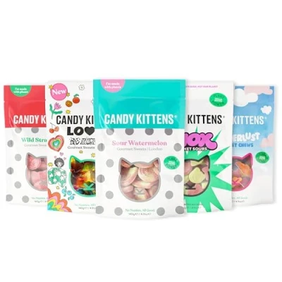 Image of Candy Kittens Vegan Sweets DISCOVERY Selection (5 x 140g), Chewy Bundle 5 Packs Wild Strawberry, Sour Watermelon, Shox, Wanderlust &amp; LOVES, Bulk Bags, Perfect Gifts