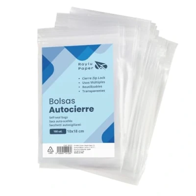 Image of RAYLU PAPER Self Seal Zip Bags, Pack of 100 Reusable Clear Plastic Multiple Uses, Made in Europe (10 x 18)
