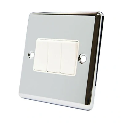 Image of AET CPC3GSWIWH Polished Chrome Classical White Insert Plastic Rocker Switches 10 Amp Triple 3 Gang 2 Way Light Switch, 240 V