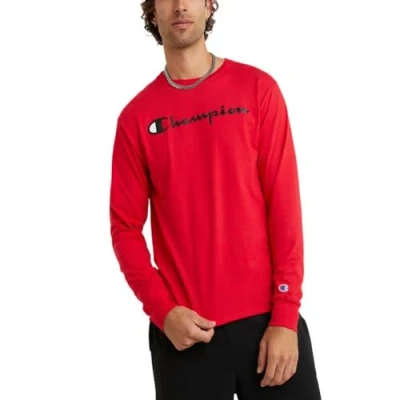 Image of Champion Men&#039;s Classic Jersey Long Sleeve Graphic T Shirt, Scarlet Script, S