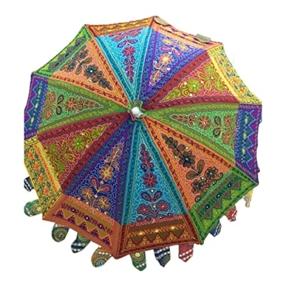 Image of Marusthali Handmade Embriodery Decorative Garden Umbrella, Large Handcrafted Wedding Umbrellas, Umbrellas for beach Parasols (Multi Embroidery)