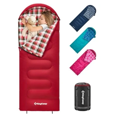 Image of KingCamp Kids Sleeping Bag Children 3 4 Season Winter Flannel Liner Cotton Warm Lightweight Single for Camping Hiking Backpacking Outdoor with Compression Sack Girls Boys 170x70cm