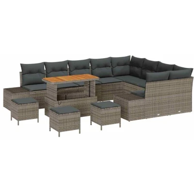 Image of vidaXL 13 Piece Garden Sofa Set with Cushions Grey Poly Rattan Acacia