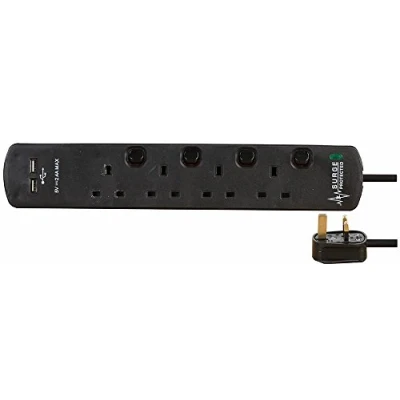 Image of Pro Elec 4 Gang 2 USB Surge Protected Extension Lead, 2m, Black