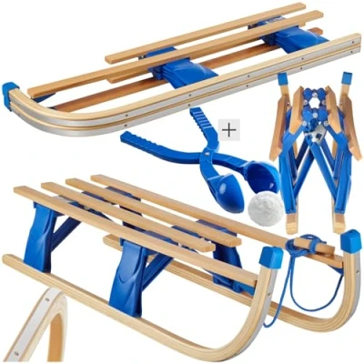 Image of tectake® Foldable Wooden Sledge in Classic Slatted Design, Durable Snow Beech Wood with Smooth Steel Runners &amp; Tear Resistant Tow Rope, Large Sled for up to 2 Children, Incl. Snowball Maker