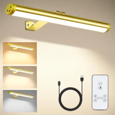 Image of CANMEIJIA Picture Lights for Wall, 4400mah Battery Operated Wall with Remote, Gold Wireless Light Rechargeable, 45cm/17.72in, Rechargeable Indoor, Dimmable &amp; 3 Color Temps