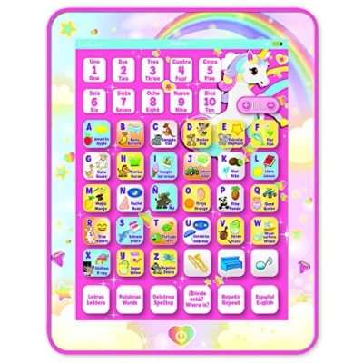 Image of Lexibook, Unicorn, Educational Bilingual Interactive Learning Tablet, Toy to learn alphabet letters numbers words spelling and music, English/Spanish, Pink, JCPAD002UNIi2