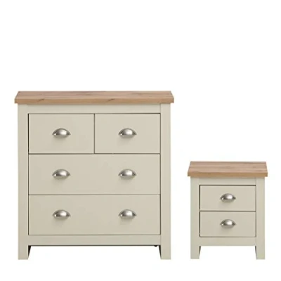 Image of Timber Art Design UK Lisbon 2 Piece Bedroom Set Bedside Table Wooden Nightstand Chest of Drawer Solid Spacious Storage Unit For Bedroom, Living Room, Hallway, Cream