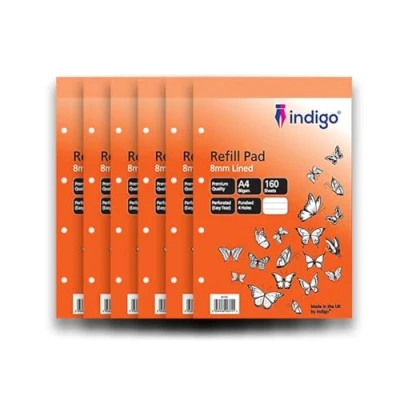 Image of indigo® A4 Refill Pad 160 Pages Headbound Perforated Punched Hole (Pack 6, Feint Lined)