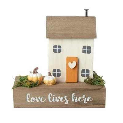 Image of Heaven Sends Wooden Love Lives Here Autumnal Houses Decoration Cream/Orange 12cm x 11cm 6cm Autumn Pumpkin Themed Décor Halloween Perfect for Home Kitchen Living Room Tabletop