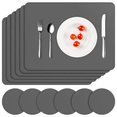 Image of APLKER Placemats and Coasters Set of 6, Heat Insulation PU Leather Table Mats Waterproof Washable Dining Place for Kitchen Indoor Outdoor Party Grey