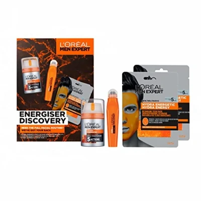 Image of L’Oréal Paris Men Expert Energiser Discovery Giftset for Men, Anti fatigue Moisturiser 50ml, Revitalising Eye Roll On 10ml and Recharging Tissue Mask 30g, Hydra Energetic Trio With Vitamin C*