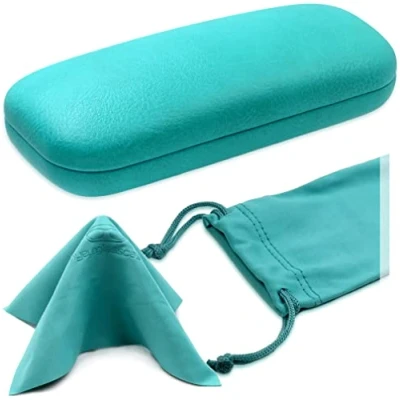 Image of MyEyeglassCase Women&#039;s Hard Eyeglass Case Protective Shell Glasses with Pouch and Cloth, 1as126 Teal, Medium