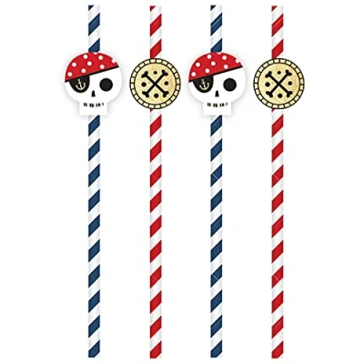 Image of Amscan 9910325 Treasure Island Pirate Kids Birthday Party Paper Straws with Toppers 8 Pack