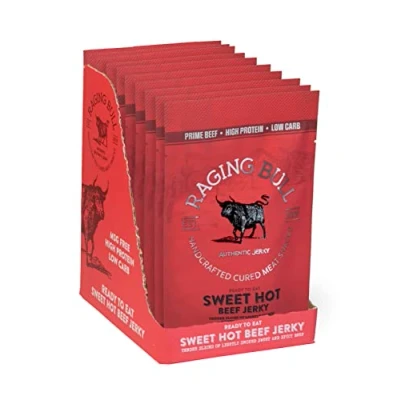 Image of Raging Bull 280g Sweet Hot Beef Jerky 10 x 28g Pack High Protein Snacks Grass Fed Low Carb Keto MSG Free Carnivore Gift Set Natural Meat