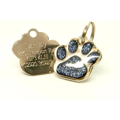 Image of County Engraving 27mm Charcoal Glitter Paw Dog Pet ID Tag Disc Enter Your Own Custom Text