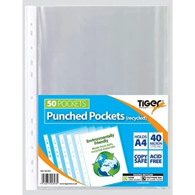 Image of Tiger Stationery Recycled A4 40 Micron 50 Punched Pockets