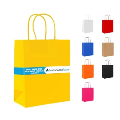 Image of NationwidePaper 25 Small Yellow Paper Bags, Kraft Party Gift bag DIY and Sweet bags with Twist Handles (18x9x22cm)