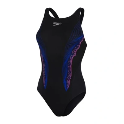 Image of Speedo Women&#039;s Placement Recordbreaker Swimsuit, Black/Flame/Neon Orchid, 6