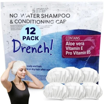 Image of Drench No Water Hair Washing Cap Waterless Shower Caps with Shampoo and Conditioner Disposable Rinse Free Wash Aids Ideal for Elderly Disabled Pack of 12