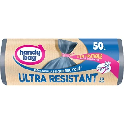 Image of Handy Bag Practical Heavy Duty Bin Liners 50L x 10 Bags Leak proof bottom Maximum sealing Convenient tie attached at top 100% recycled plastic