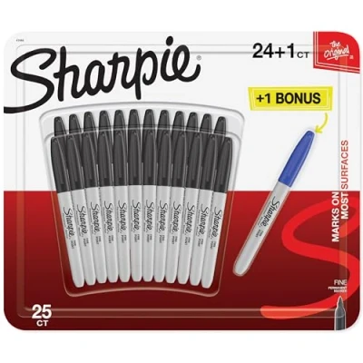 Image of Sharpie Permanent Markers Fine Point 24 Black + 1 Blue Marker Pen 25 Count Set