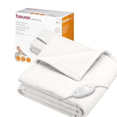 Image of Beurer HD75UK Electric Throw White Breathable Heated for Sofa and Bed Heating Blanket with Ultra Soft Fleece Fibres Automatic Switch Off Machine Washable 180 x 130 cm