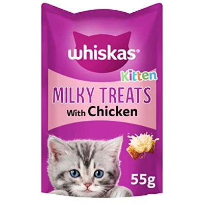 Image of Whiskas Kitten milky treats Tasty, for kittens from 2 12 months, small bite size snacks with a delicious filling, Pack of 8 (8 x 55 g)