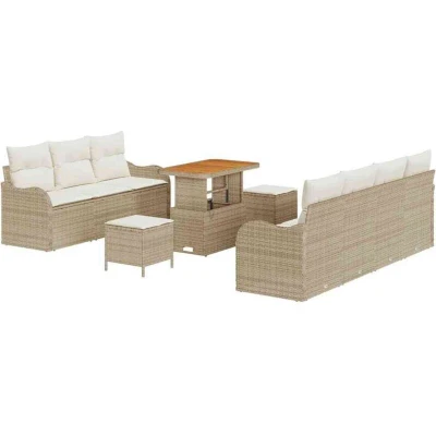Image of vidaXL 10 Piece Garden Sofa Set with Cushions Beige Poly Rattan Acacia