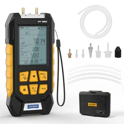 Image of AUTOOL Manometer Gas Pressure Tester, 100 to 300Kpa Digital HVAC, 11 Units Dual Differential Fieldpiece Manometer, Data Lock &amp; Storage with Magnetic Back, Backlit Display
