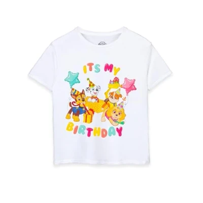 Image of Paw Patrol Kids T Shirt It&#039;s My Birthday White Short Sleeve Graphic Tee for Chase Marshall Rubble Skye Character Celebration Lightweight Party Top Movie Series Merchandise Gift